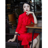 Modern Chinese Qipao, Chinese Cheongsam, red jacquard wedding qipao, Evening Dress, tea ceremony, mandarin collar, 3/4 sleeve