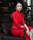 Modern Chinese Qipao, Chinese Cheongsam, red jacquard wedding qipao, Evening Dress, tea ceremony, mandarin collar, 3/4 sleeve