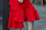 Modern Chinese Qipao, Chinese Cheongsam, red jacquard wedding qipao, Evening Dress, tea ceremony, mandarin collar, 3/4 sleeve