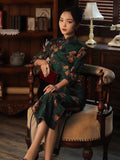Modern Chinese Qipao,  dark green qipao, floral prints, 3/4 sleeve, mandarin collar