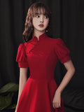 Traditional Chinese dress, Chinese Cheongsam, midi length wedding qipao, tea Ceremony, bridal dress, mandarin collar