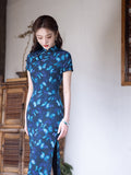 Modern Chinese qipao, Long Cheongsam, blue floral Qipao, Evening Dress