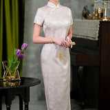 mulberry silk Cheongsam, off white jacquard Silk qipao