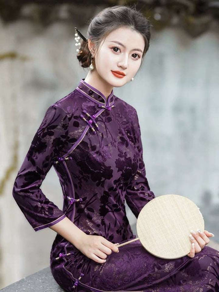 Elegant traditional Chinese dress, Chinese Cheongsam Dress, Evening Dresses, Ball Gowns, purple color Dresses, mandarin collar, 3/4 sleeve