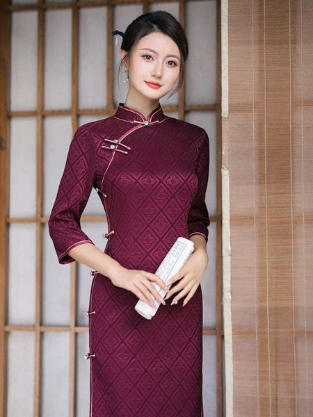 Modern Chinese Qipao, Chinese Cheongsam Dress, Evening Dresses, Ball Gowns, wine red Dress, mandarin collar, 3/4 sleeve 5X Modern Chinese Qipao, Chinese Cheongsam Dress, Evening Dresses, Ball Gowns, wine red Dress, mandarin collar, 3/4 sleeve 5X