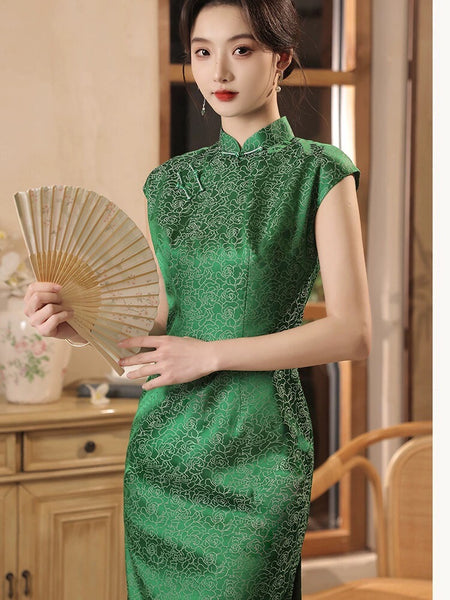 Modern Chinese qipao, green jacquard Cheongsam, Evening Dress, Silk qipao, Spring dress