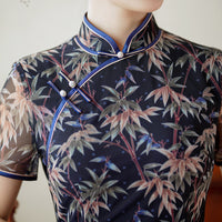 Modern qipao,  aodai qipao, leaf pattern, navy blue color