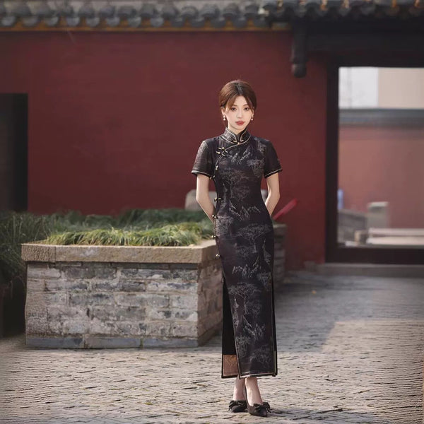 Modern Chinese dress, Chinese Cheongsam, black qipao, Ball Gowns, Long Evening Dress, mandarin collar
