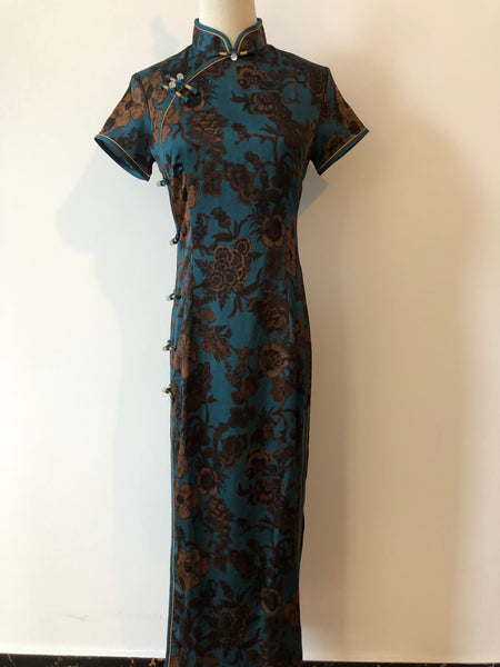 Modern Chinese qipao, Chinese Cheongsam Dress, blue jacquard qipao, Ball Gowns, mandarin collar