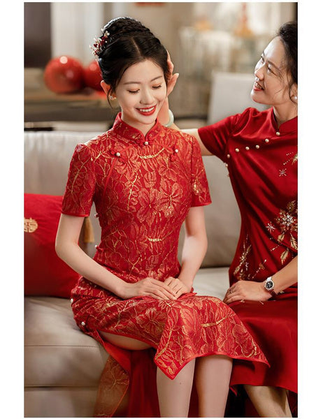 Traditional Chinese dress, Chinese Cheongsam, Chinese wedding dress, Tea ceremony, Red lace qipao