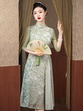 Aodai moderne, Cheongsam longueur genou, aodai qipao, motif floral, col mandarin