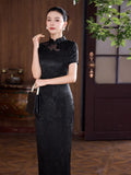 Modern Chinese Qipao, Long Cheongsam, Silk Qipao, Evening Dress, ball gown, black color, short sleeve