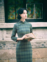 Modern Chinese Qipao, Evening Dresses, autumn qipao, plaid pattern qipao, 3/4 sleeve