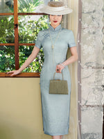 Modern Chinese Qipao, Long Cheongsam, Silk Qipao, Evening Dress, ball gown, light blue jacquard qipao