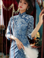 Modern Chinese Qipao, Chinese Cheongsam, light blue qipao, Ball Gowns, 3/4 sleeve floral Dress