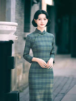 Modern Chinese Qipao, Evening Dresses, autumn qipao, plaid pattern qipao, 3/4 sleeve