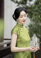 Modern Chinese Qipao dress, Mulberry Silk cheongsam, avocado color, casual dress