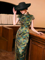 Mulberry Silk cheongsam, green color, event dress, floral print