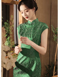 Qipao chinois moderne, Cheongsam jacquard vert, Robe de soirée, Qipao en soie, Robe de printemps