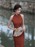 Traditional Chinese dress, Cheongsam Dress, Evening Dress, brick red jacquard, halter neck