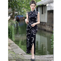 Modern Chinese qipao，Chinese Cheongsam Dress, Evening Dress, sleeveless velvet qipao