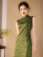 Modern Chinese Qipao, Cheongsam Dress, green color bamboo leave prints