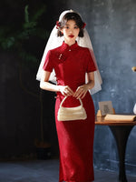 Modern Chinese qipao, Chinese Cheongsam,  Red lace qipao,  wedding qipao