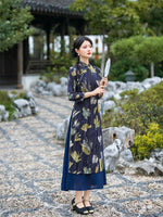 Modern Chinese dress, navy blue Ao Dai, flower pattern