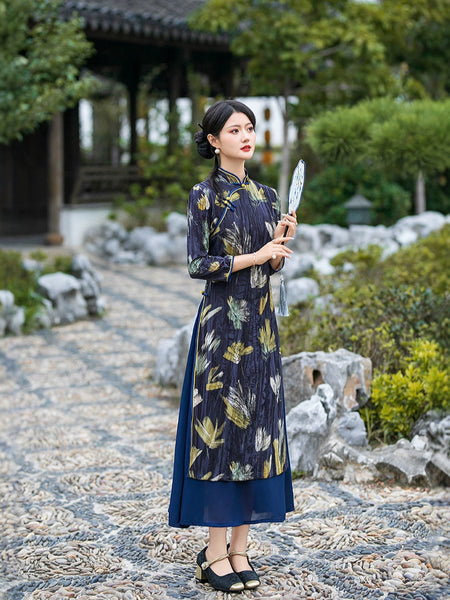 navy blue chinese dress Navy Blue Velvet Lace Trim Long Qipao Dress