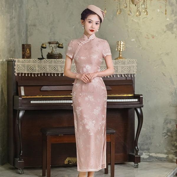 Robe Qipao moderne, cheongsam en soie de mûrier, robe de soirée, couleur rose, col mandarin