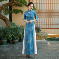 Robe chinoise moderne, Bleu Ao Dai, motif fleurs, col mao, manche 3/4