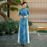 Modern Chinese dress, Blue Ao Dai, flower pattern, mandarin collar, 3/4 sleeve