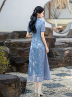 Modern Aodai, Knee length Cheongsam, Blue aodai qipao, flower pattern