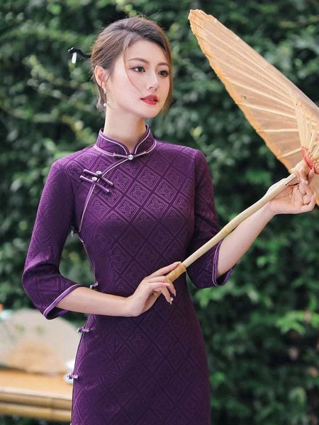 Elegant traditional Chinese dress, Chinese Cheongsam Dress, Evening Dress, Ball Gowns, purple Dresses, 3/4 sleeve, mandarin collar