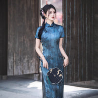 Modern Chinese Qipao, Blue Cheongsam, Long Evening Dress, floral print