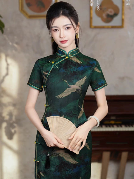 Modern Chinese Qipao, Chinese Cheongsam Dress, green crane Dresses, Ball Gowns