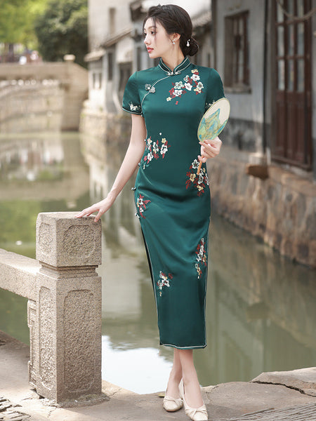 Traditional Chinese dress, Chinese Cheongsam, dark green qipao, Ball Gowns