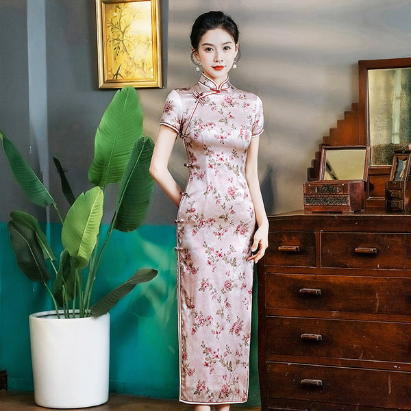 2025 Pink Floral Print Cheongsam Qipao Dress - IMALLURE 3XL 2025 Pink Floral Print Cheongsam Qipao Dress - IMALLURE 3XL