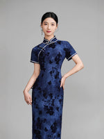 Modern Chinese qipao, Chinese Cheongsam, Long Evening Dresses, navy blue color