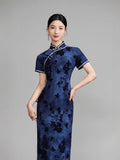 Modern Chinese qipao, Chinese Cheongsam, Long Evening Dresses, navy blue color