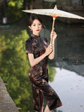 Traditional Chinese dress, China Cheongsam, black floral qipao, short sleeve, kneelength qipao