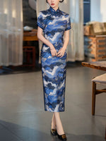 robe traditionnelle chinoise, Cheongsam chinois brodé, robes de soirée, robes de bal, bleu marine, col mandarin