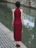 Traditional Chinese dress, Cheongsam Dress, Evening Dress, wine red jacquard, halter neck