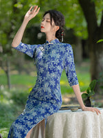 Chinese Cheongsam, blue floral modern qipao, Ball Gowns