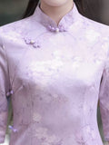 Modern Chinese Qipao dress, Evening Dress, full length, mandarin collar, light purple color, 3/4 sleeve