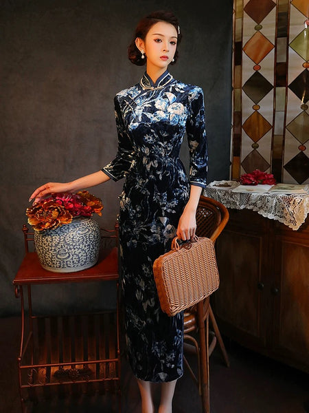 Qipao chinois moderne, robe Cheongsam chinoise, qipao en velours noir, robe de soirée longue, col mandarin