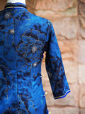 Modern Chinese qipao, Chinese Cheongsam, blue floral qipao, Ball Gowns, autumn qipao