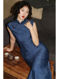 Modern Chinese Qipao dress,  sleeveless qipao, blue color qipao