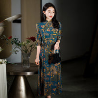 Modern Aodai, Knee length Cheongsam, aodai qipao, flower pattern, mandarin collar