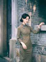 Modern Chinese Qipao, Evening Dresses, autumn qipao, plaid pattern qipao, 3/4 sleeve